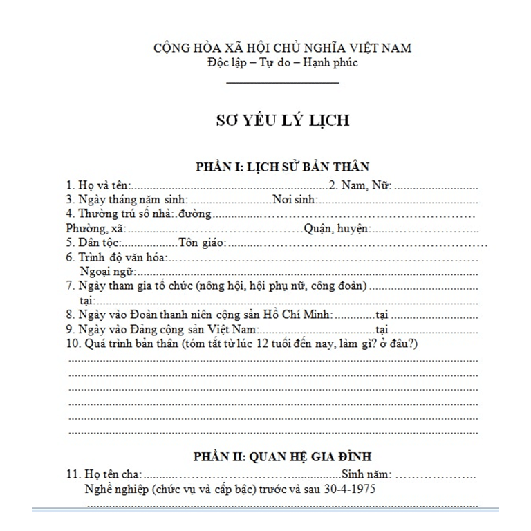 mẫu sơ yếu lý lịch trong hồ sơ xin việc làm