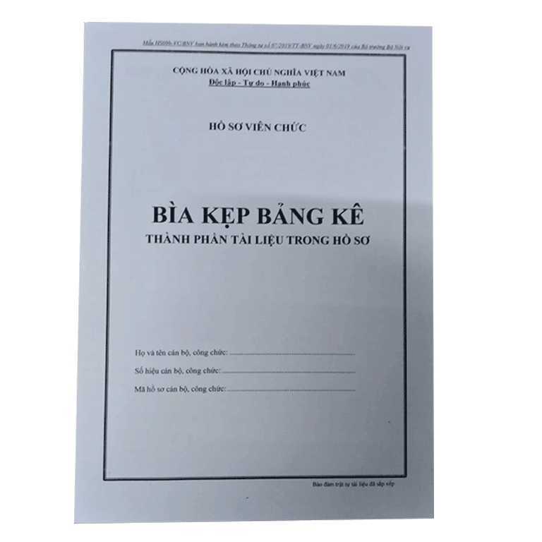 Bìa kẹp: Bảng kê thành phần tài liệu trong Hồ sơ 2019