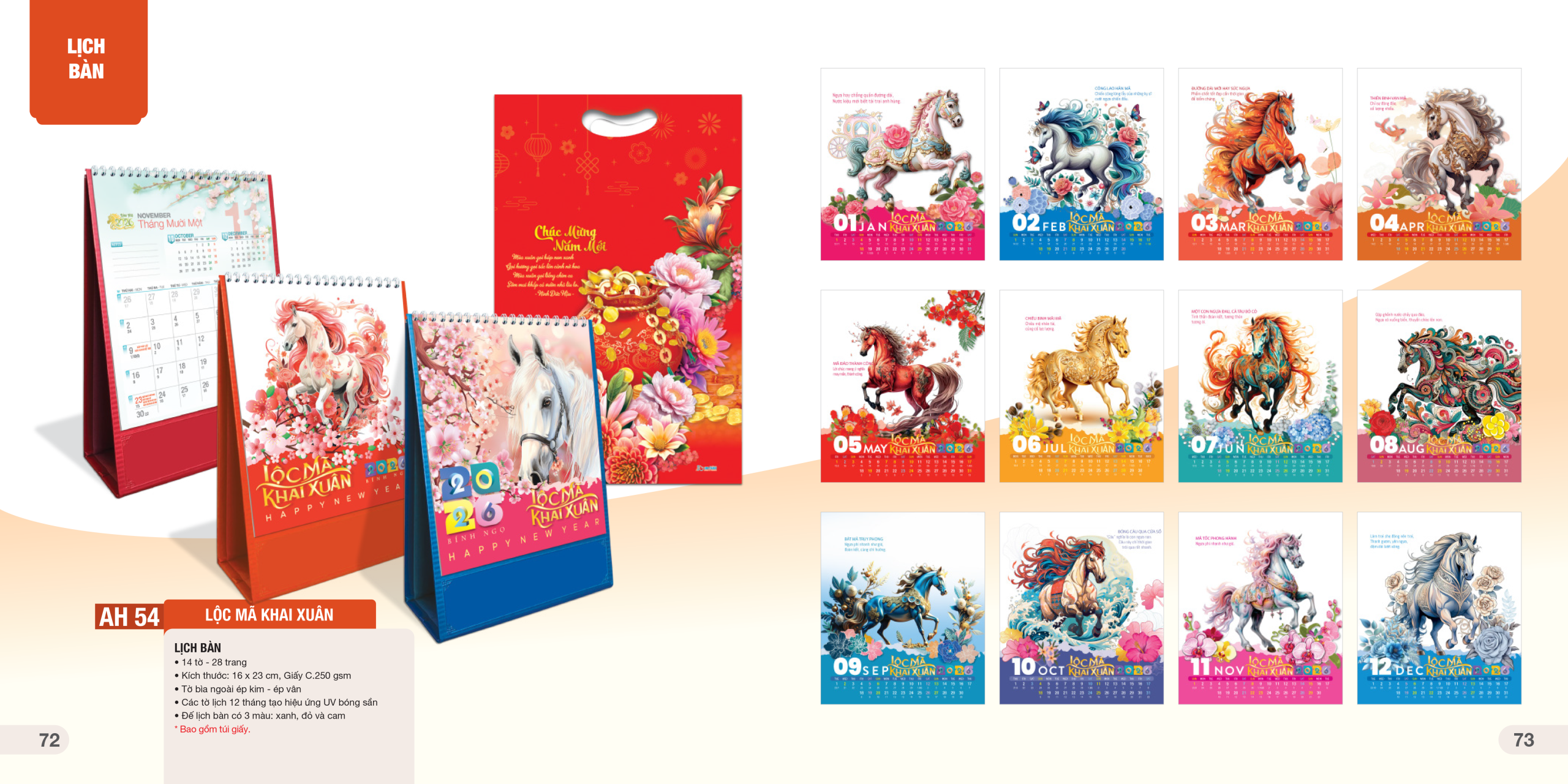 mẫu lịch để bàng đứng 16x23cm lộc mã khai xuân