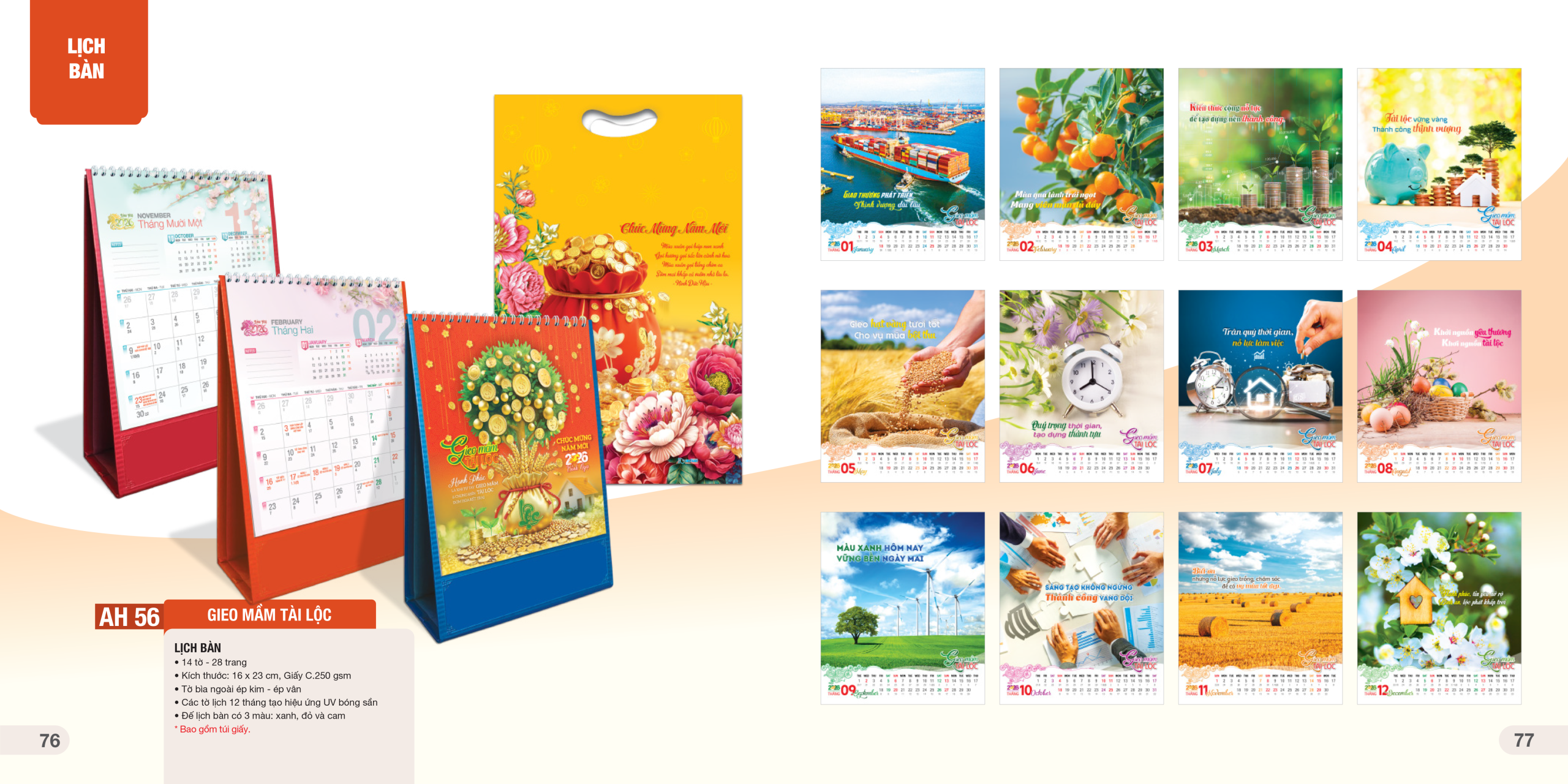 mẫu lịch để bàn 14 tờ 16x23cm gieo nấm tài lộc