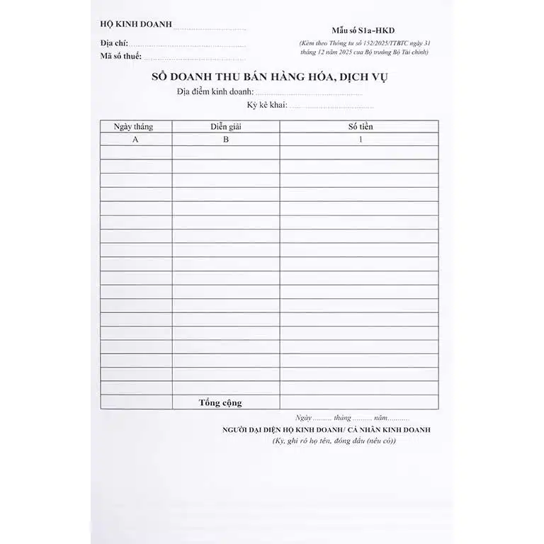 nội dung sổ doanh thu bán hàng mẫu s1a-hkd