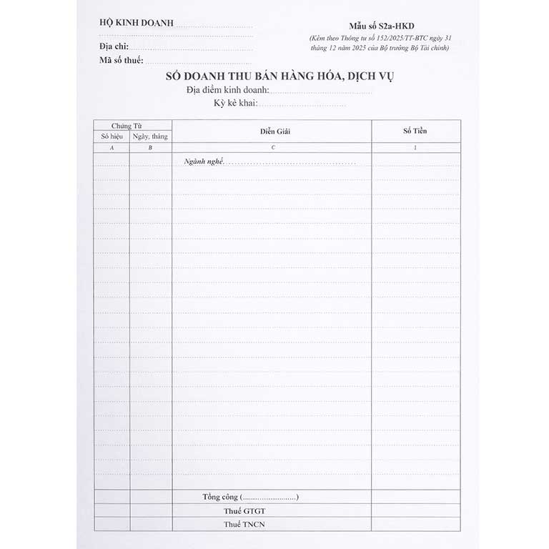 ruột sổ doanh thu hộ kinh doanh mẫu s2a-hkd quyển a4 200 trang