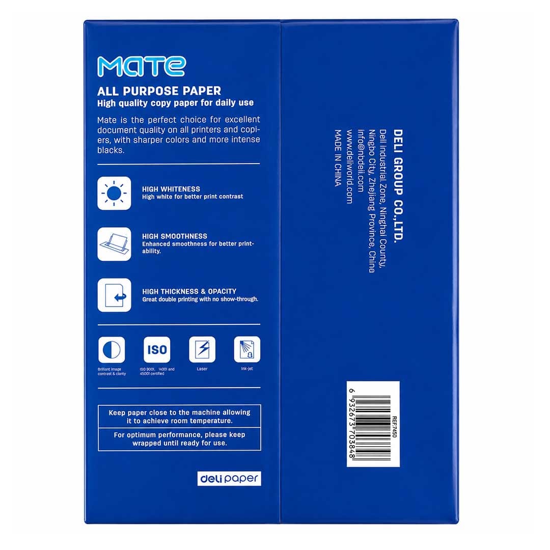 Thùng 5 ream Giấy Deli Mate Copy, Xấp 500 Tờ A4 70GSM, In & Photocopy