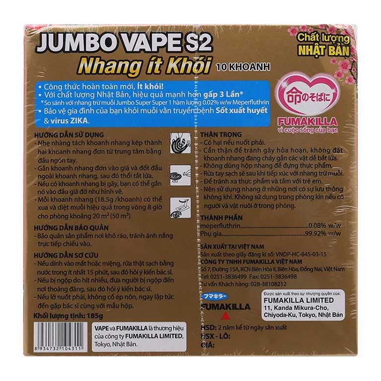 Hộp 10 Khoanh Nhang Muỗi Ít Khói Jumbo Vape S2 chính hãng giá sỉ tại VPP Bến Tre