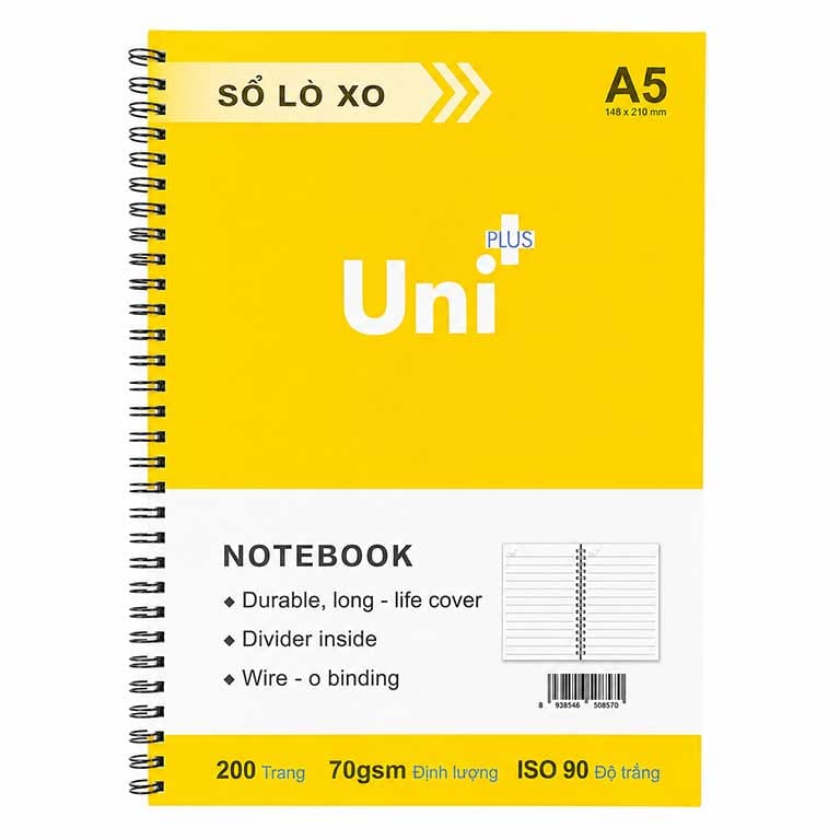 Sổ Lò Xo A5 Uni Plus 200 Trang, Kẻ Ngang, Định Lượng 70gsm giá tốt tại VPP Bến Tre
