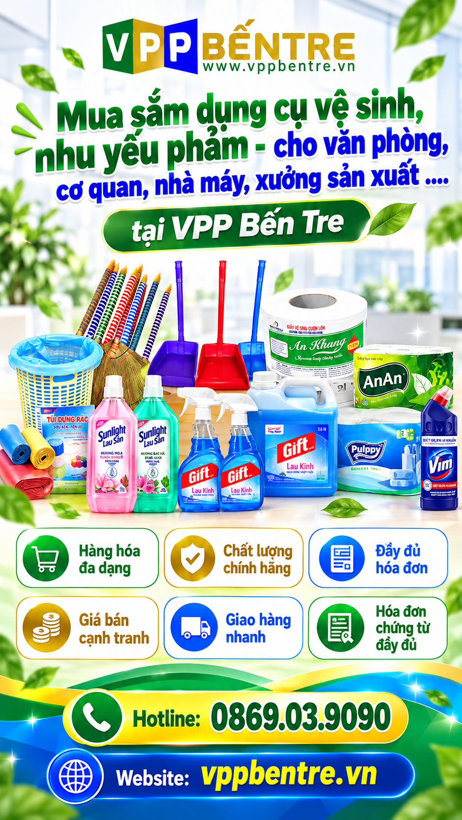 mua nhu yếu phẩm, dụng cụ vệ sinh tại vpp bến tre