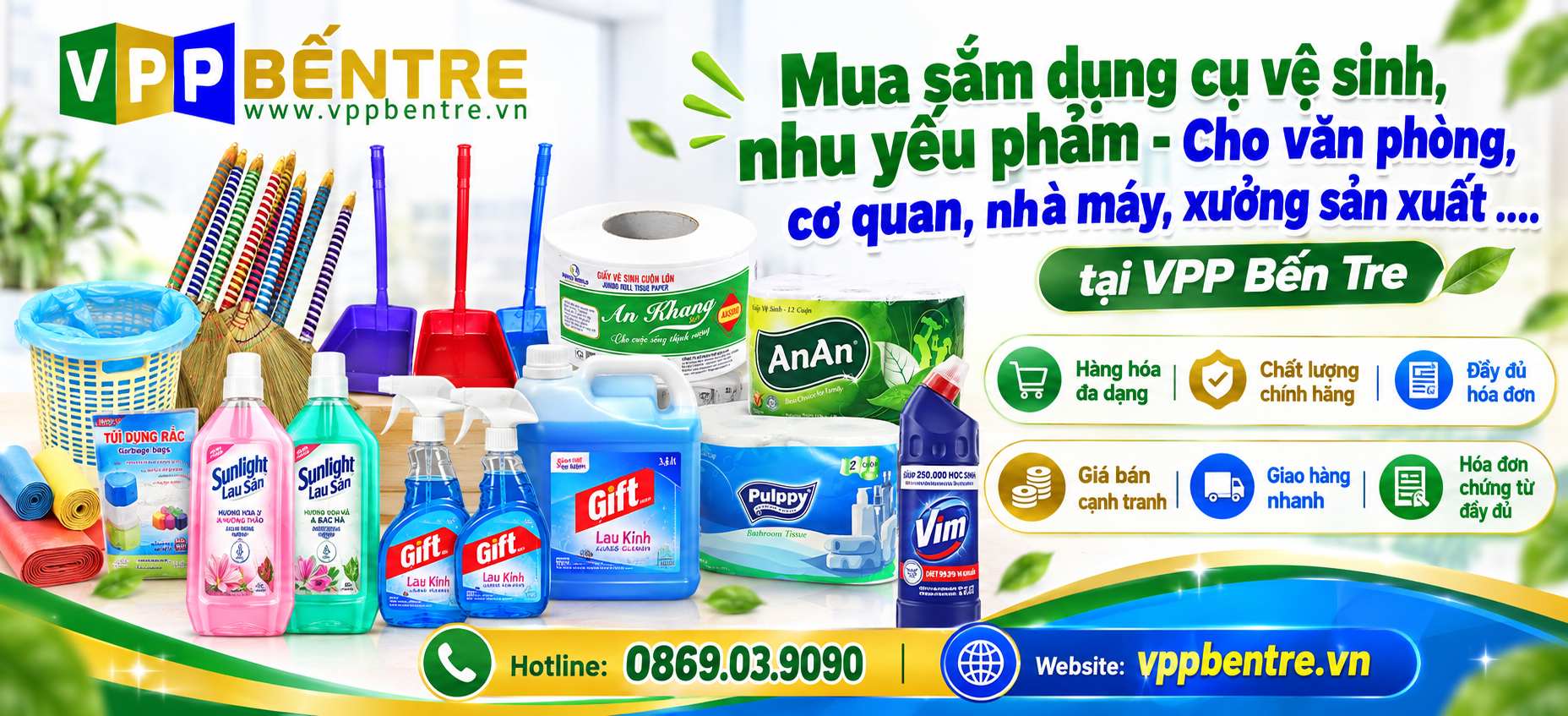 Mua dụng cụ vệ sinh + chất tẩy rửa chính hãng tại VPP Bến Tre