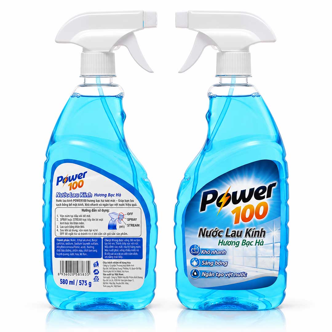 Nước Lau Kính POWER100 Hương Bạc Hà Chai 500ml – Khô Nhanh, Sáng Bóng & Ngăn Vệt Nước giá rẻ tại VPP Bến Tre